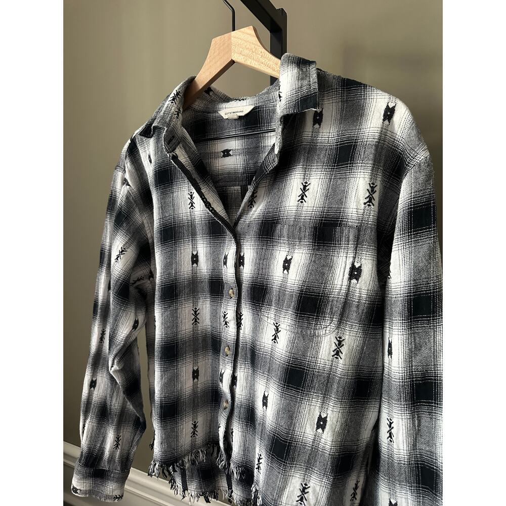 Lucky Brand Western Distressed Flannel Black and White Medium Womens - Picture 2 of 6